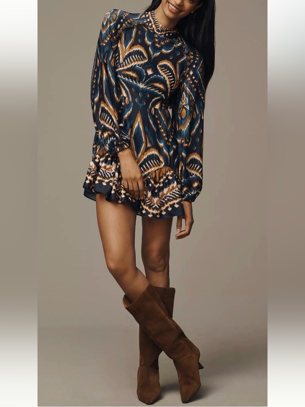 FARM Rio Pineapple Ikat Long Sleeve Raglan Mini Dress XS Blue Fall Boho NWT